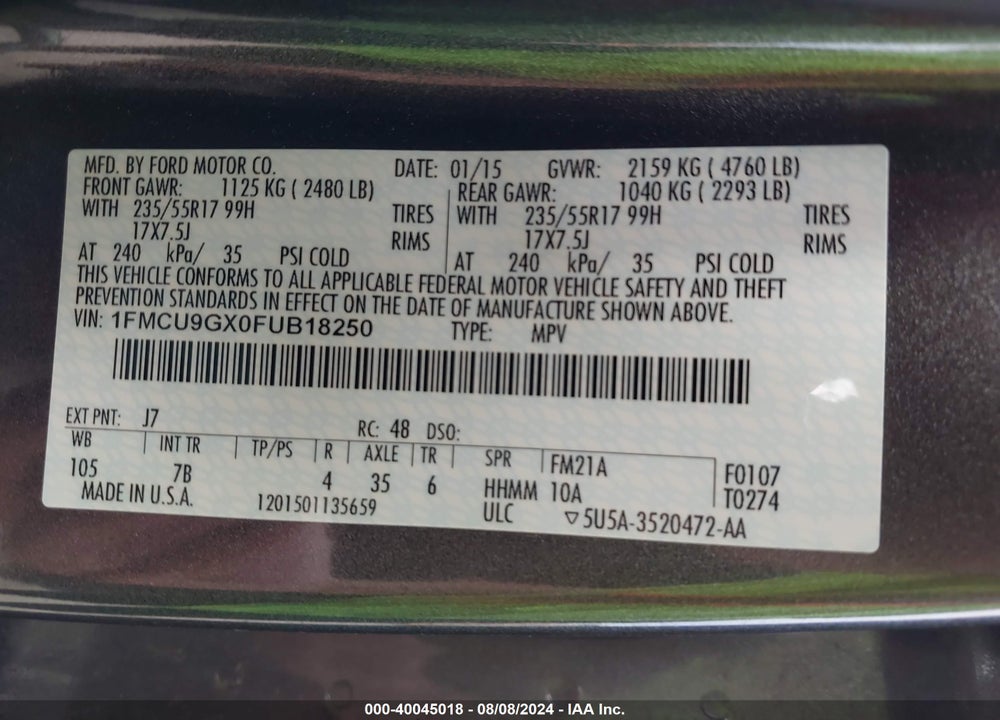 2015 FORD ESCAPE VIN: 1FMCU9GX0FUB18250