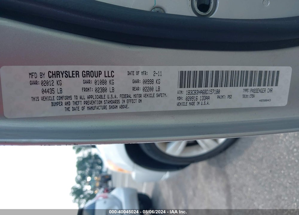 2011 DODGE CALIBER MAINSTREET VIN: 1B3CB3HA6BD157180