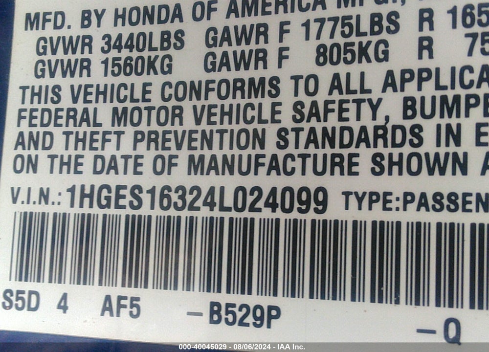 2004 HONDA CIVIC VIN: 1HGES16324L024099