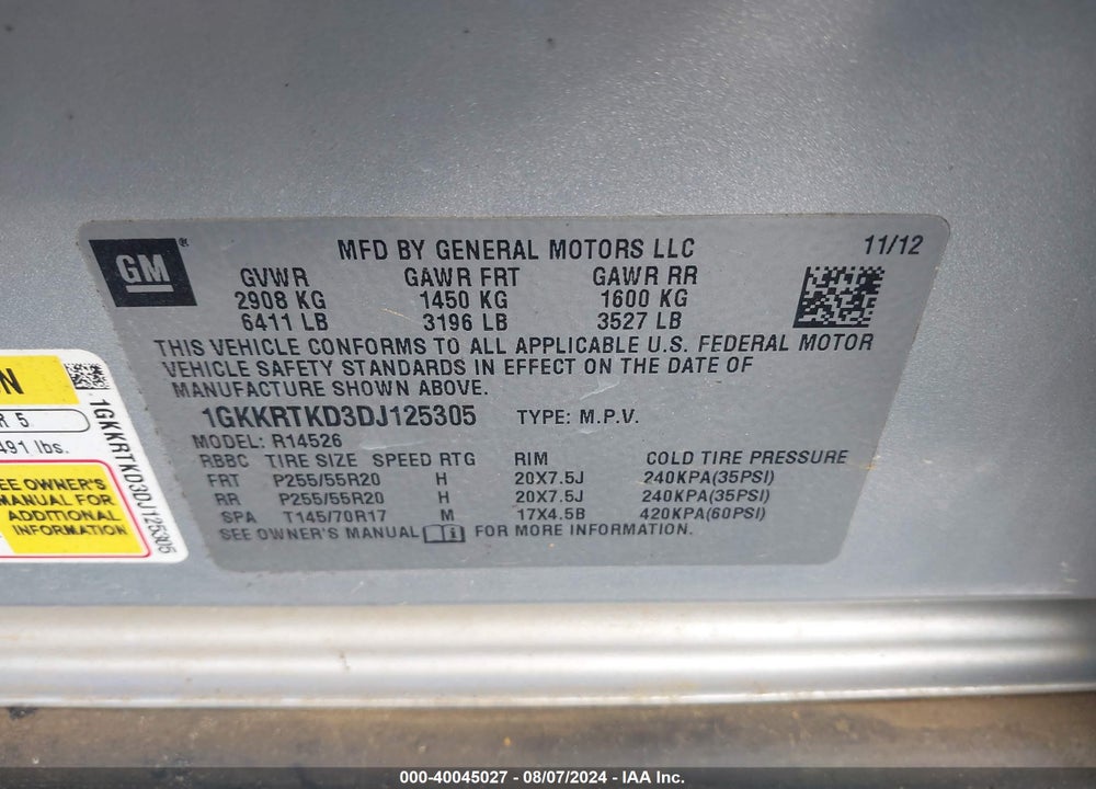 2013 GMC ACADIA DENALI VIN: 1GKKRTKD3DJ125305
