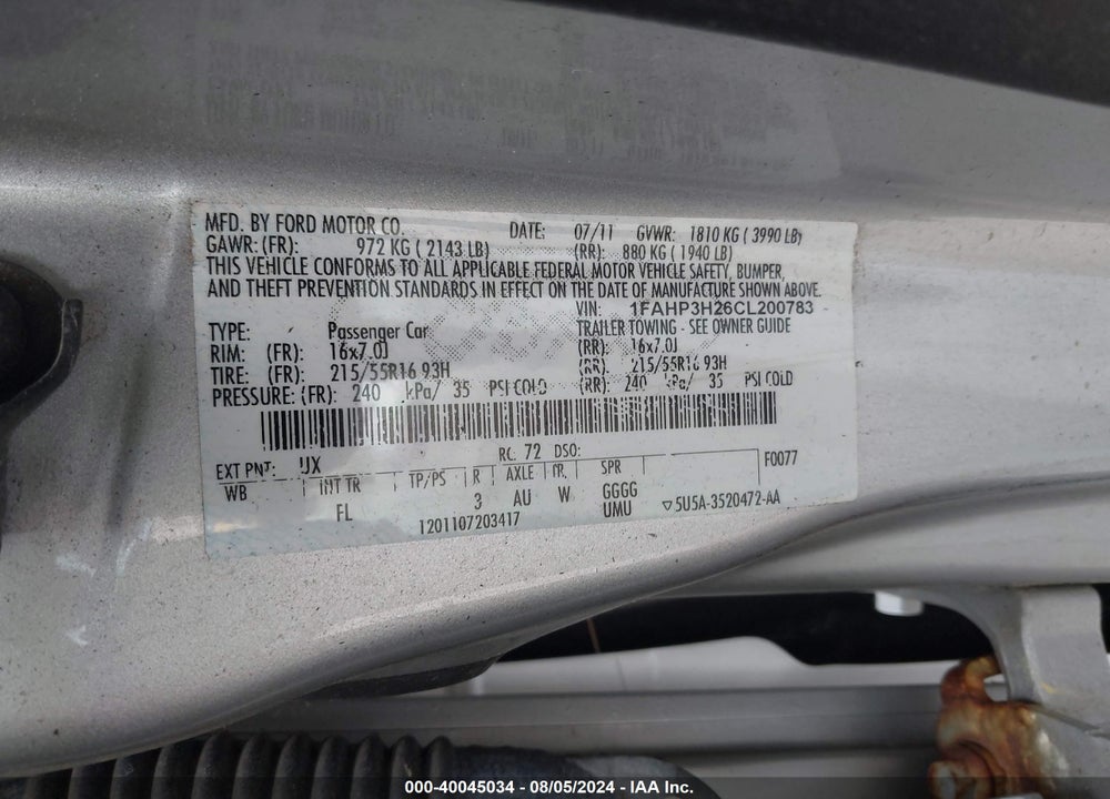 2012 FORD FOCUS SEL VIN: 1FAHP3H26CL200783