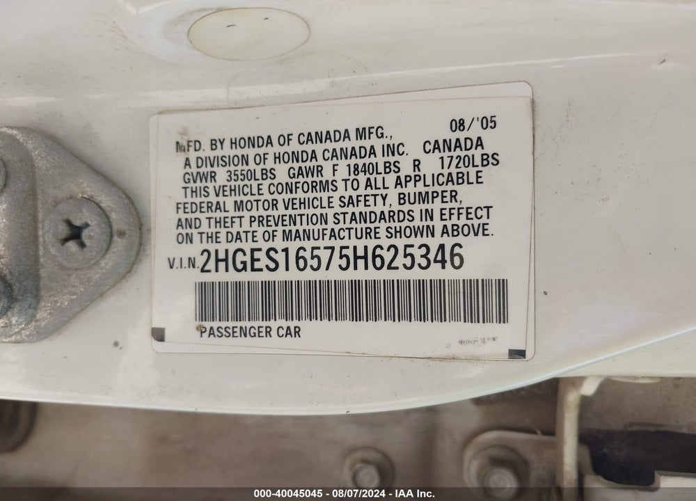 2005 HONDA CIVIC LX VIN: 2HGES16575H625346