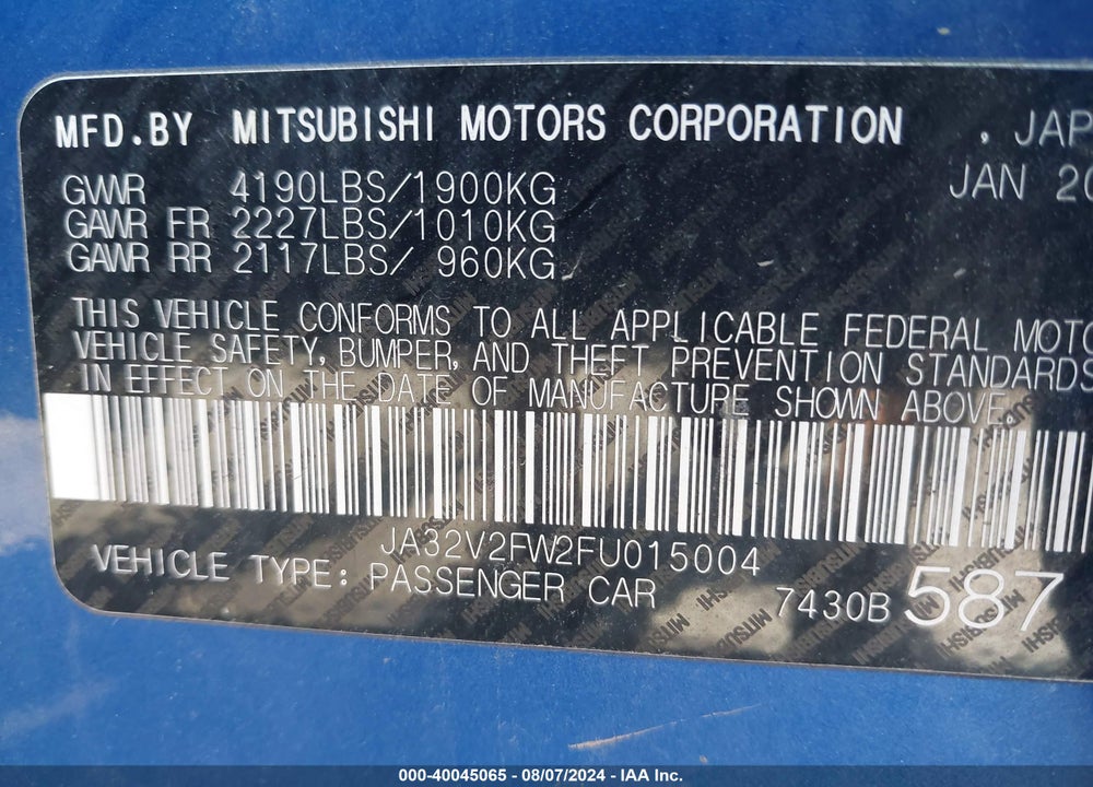 2015 MITSUBISHI LANCER SE VIN: JA32V2FW2FU015004