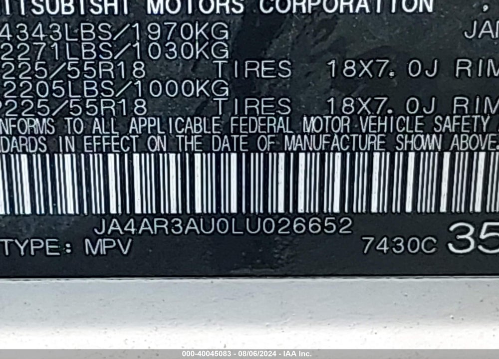 2020 MITSUBISHI OUTLANDER SPORT 2.0 ES AWC VIN: JA4AR3AU0LU026652