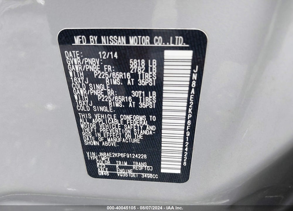 2015 NISSAN QUEST SV VIN: JN8AE2KP6F9124228