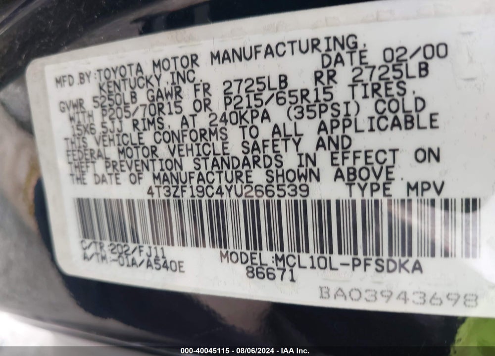 2000 TOYOTA SIENNA VIN: 4T3ZF19C4YU266539