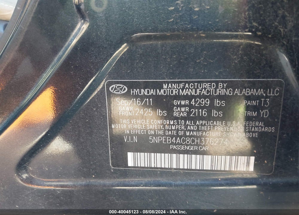 2012 HYUNDAI SONATA VIN: 5NPEB4AC8CH376274