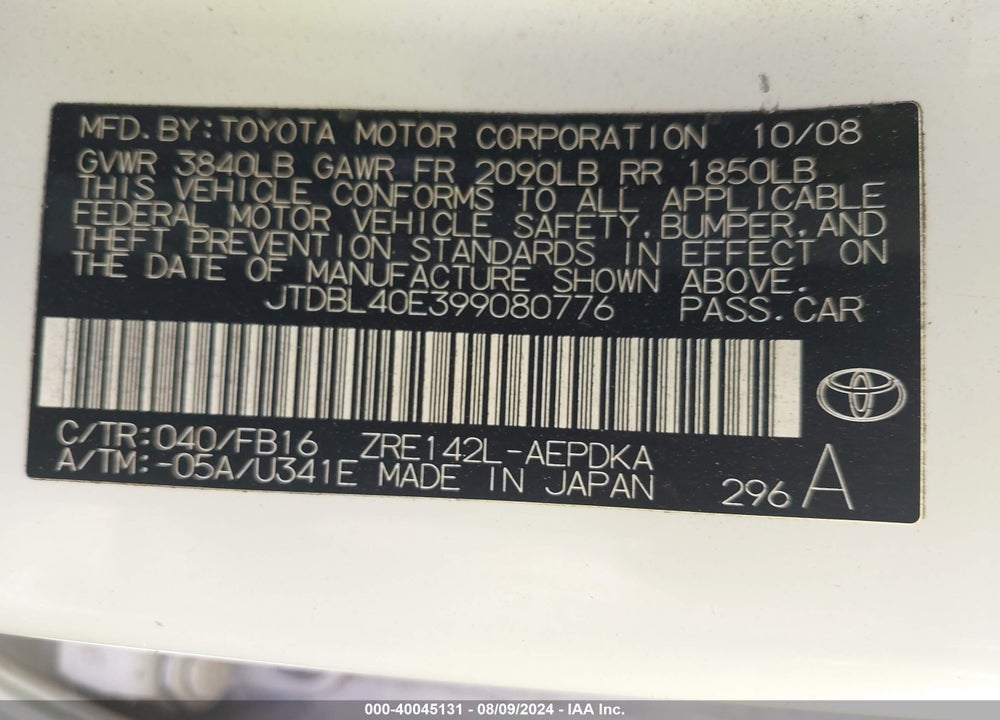 2009 TOYOTA COROLLA VIN: JTDBL40E399080776