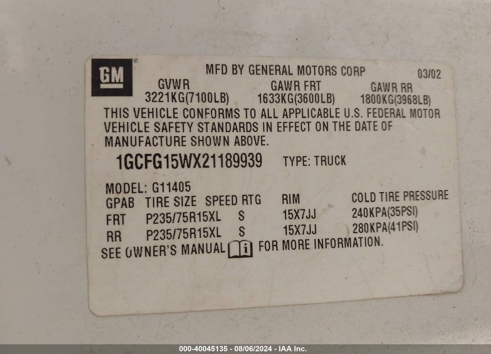 2002 CHEVROLET EXPRESS VIN: 1GCFG15WX21189939