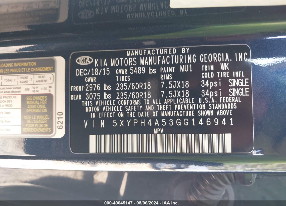 2016 KIA SORENTO 3.3L EX VIN: 5XYPH4A53GG146941