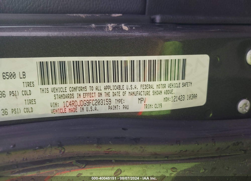 2015 DODGE DURANGO LIMITED VIN: 1C4RDJDG9FC203159