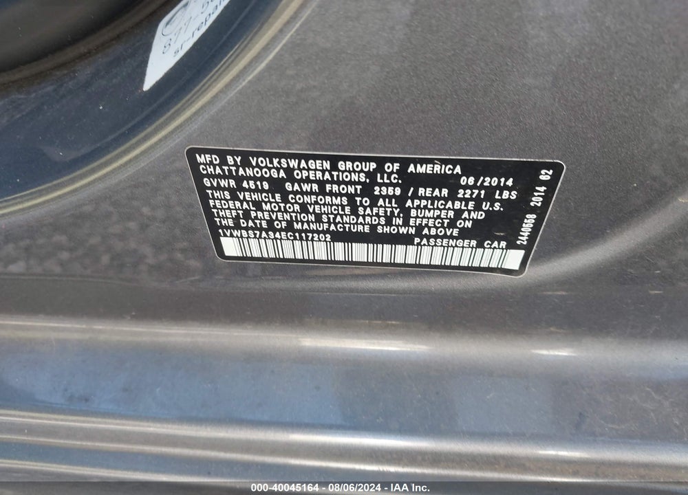 2014 VOLKSWAGEN PASSAT 1.8T SE VIN: 1VWBS7A34EC117202