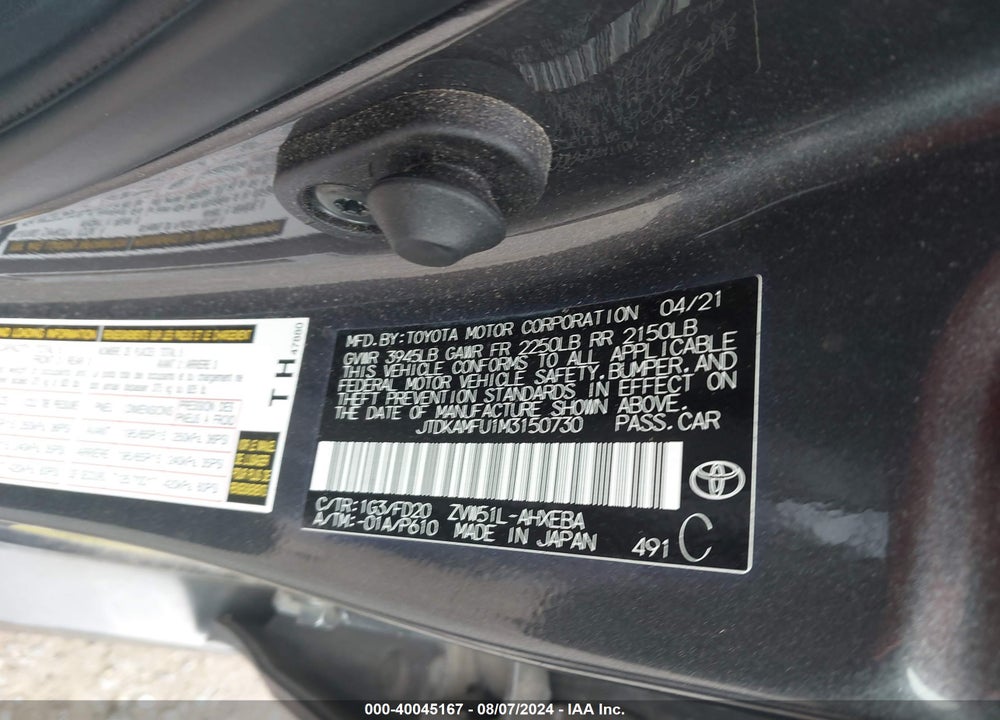 2021 TOYOTA PRIUS LE VIN: JTDKAMFU1M3150730
