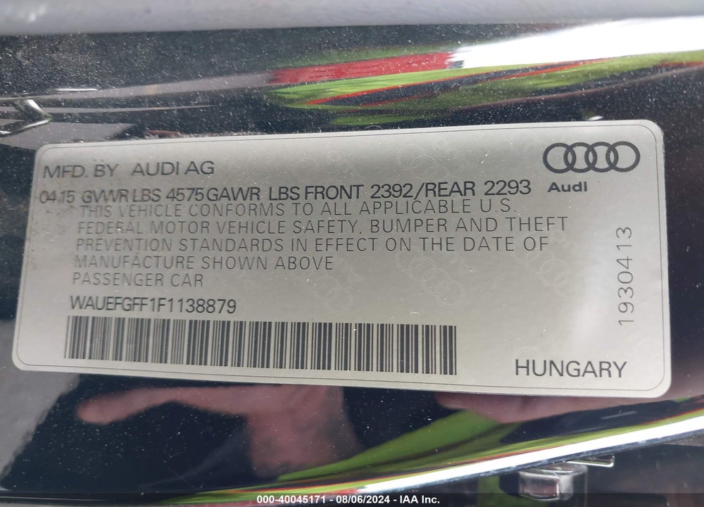2015 AUDI A3 2.0T PREMIUM VIN: WAUEFGFF1F1138879