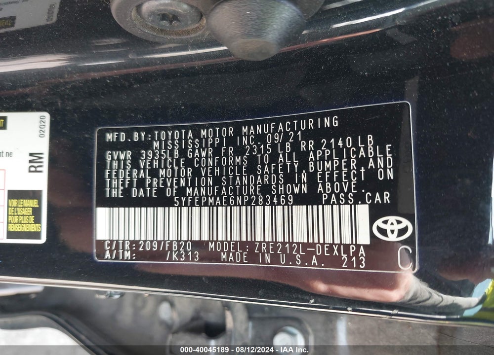 2022 TOYOTA COROLLA LE VIN: 5YFEPMAE6NP283469