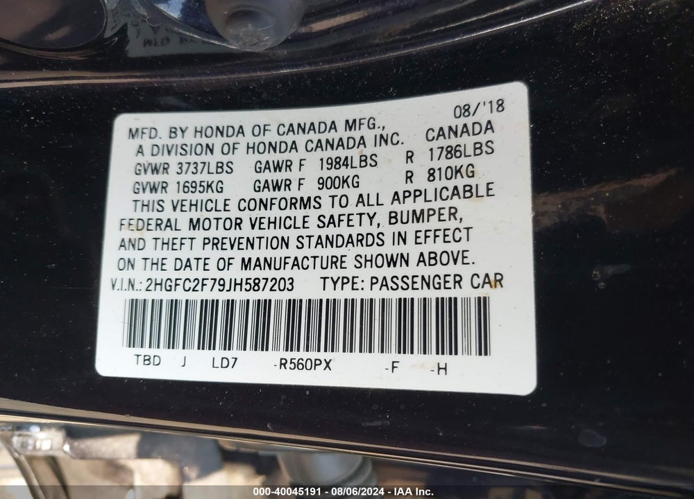 2018 HONDA CIVIC EX VIN: 2HGFC2F79JH587203