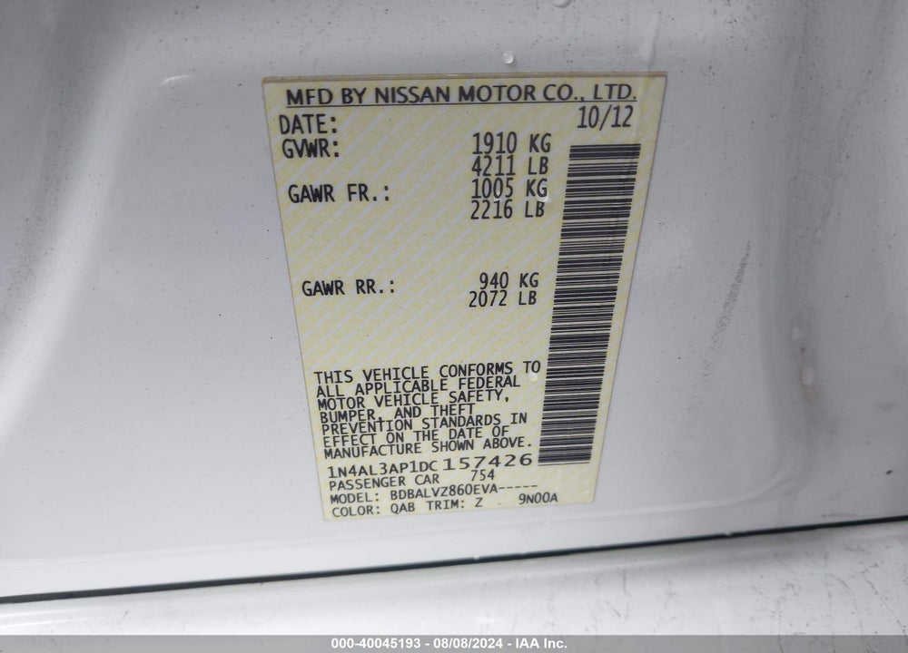 2013 NISSAN ALTIMA 2.5 SL VIN: 1N4AL3AP1DC157426
