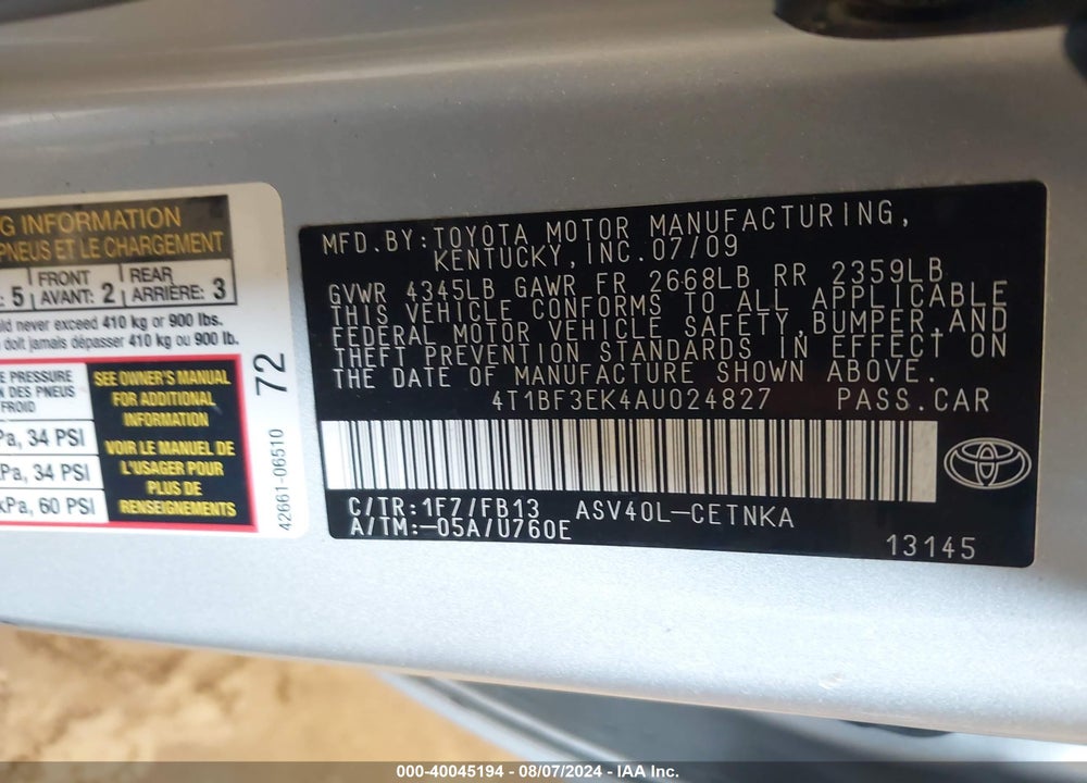 2010 TOYOTA CAMRY LE VIN: 4T1BF3EK4AU024827