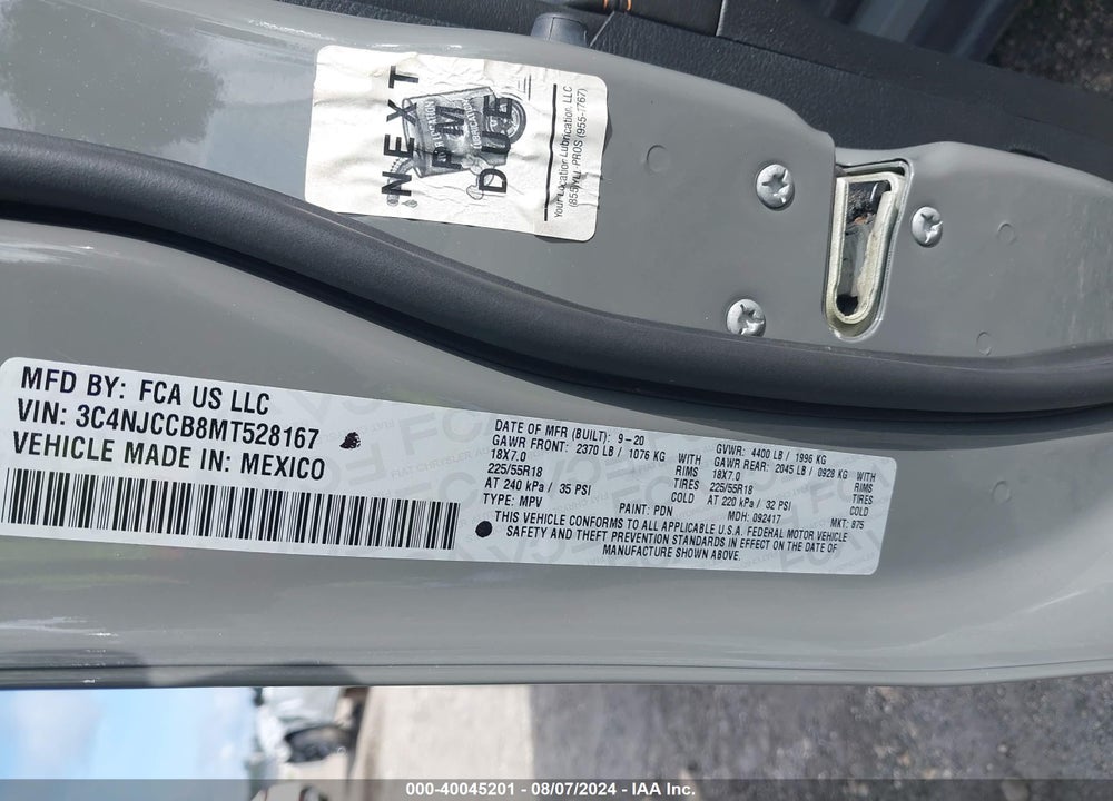 2021 JEEP COMPASS LIMITED FWD VIN: 3C4NJCCB8MT528167