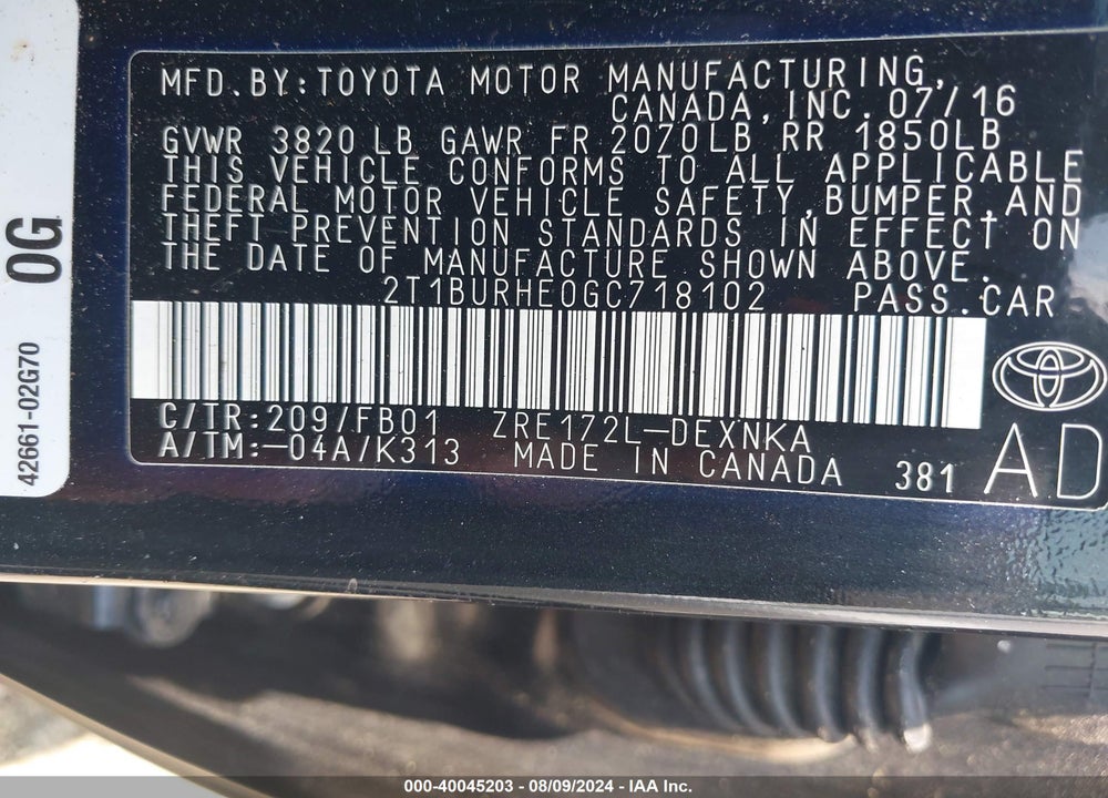 2016 TOYOTA COROLLA LE VIN: 2T1BURHE0GC718102