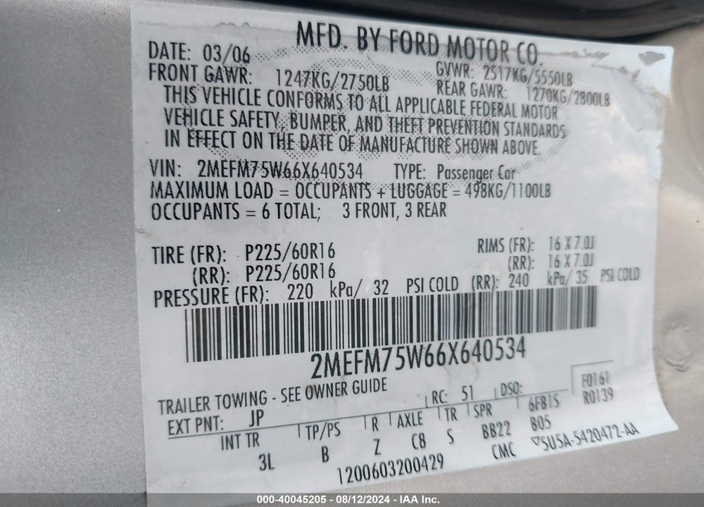 2006 MERCURY GRAND MARQUIS LS VIN: 2MEFM75W66X640534