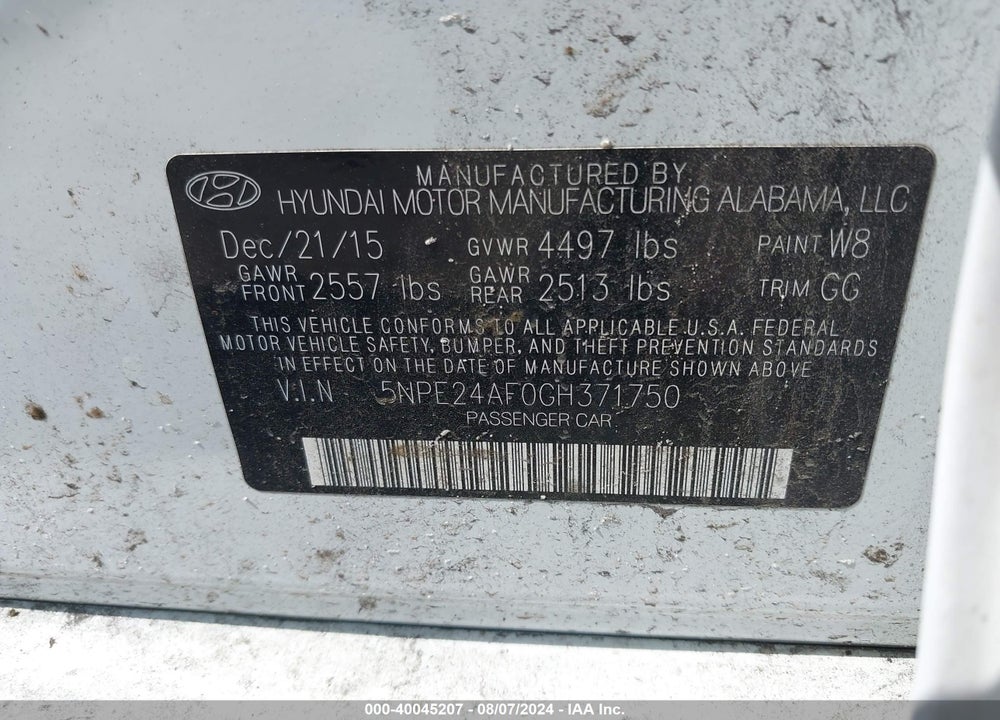 2016 HYUNDAI SONATA SE VIN: 5NPE24AF0GH371750