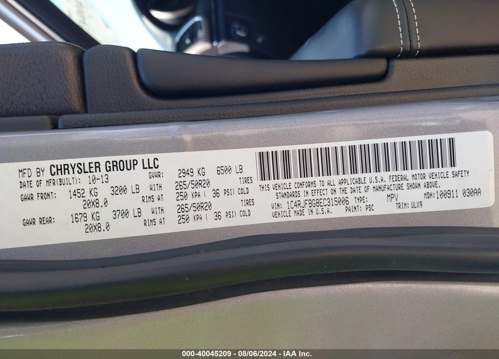 2014 JEEP GRAND CHEROKEE LIMITED VIN: 1C4RJFBG8EC315006