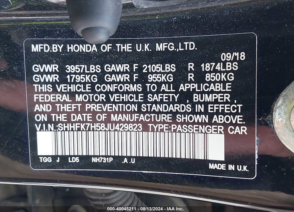 2018 HONDA CIVIC EX VIN: SHHFK7H58JU429823