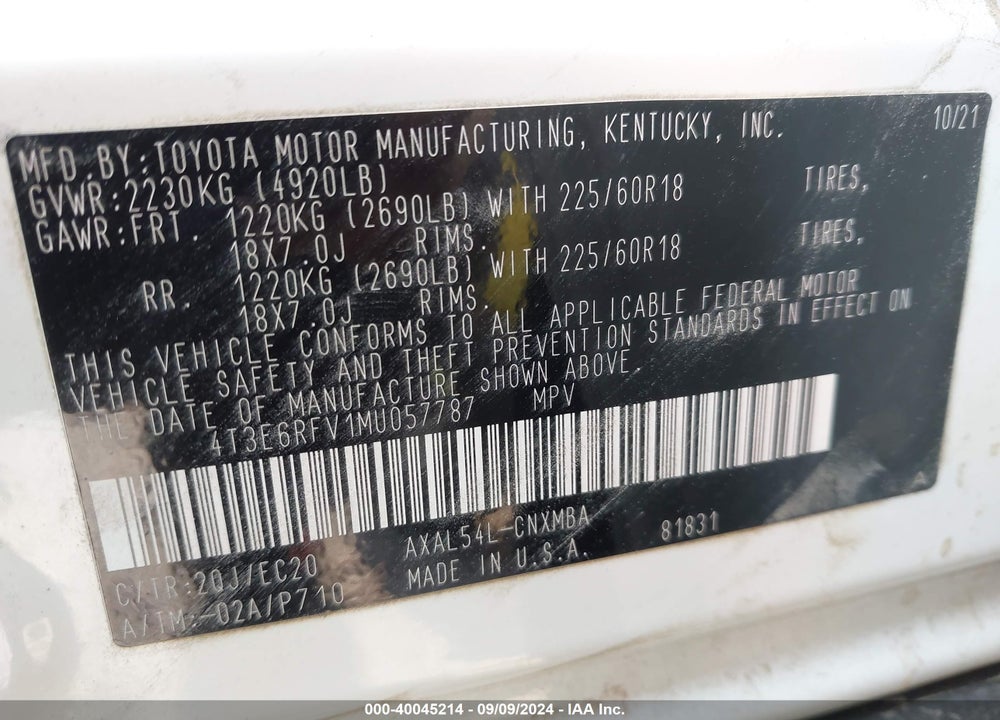 2021 TOYOTA RAV4 HYBRID XSE VIN: 4T3E6RFV1MU057787