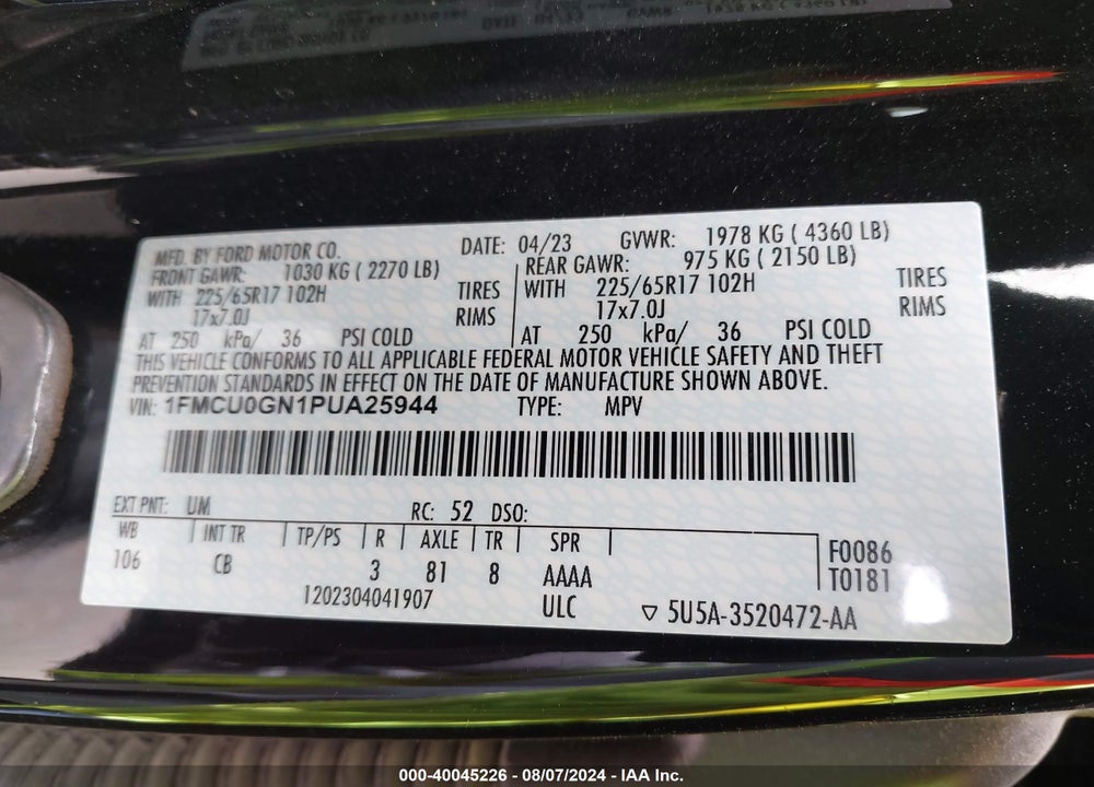 2023 FORD ESCAPE ACTIVE VIN: 1FMCU0GN1PUA25944