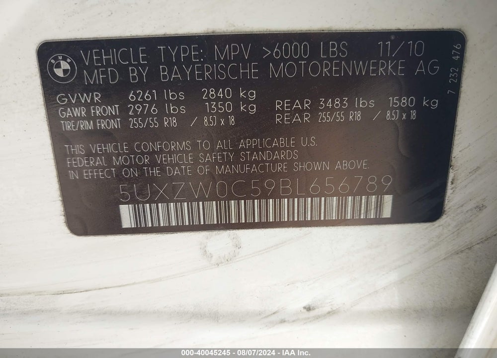 2011 BMW X5 XDRIVE35D VIN: 5UXZW0C59BL656789