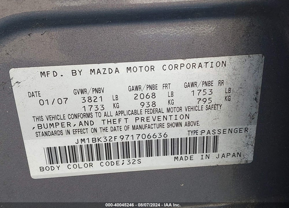 2007 MAZDA 3 I VIN: JM1BK32F971706636