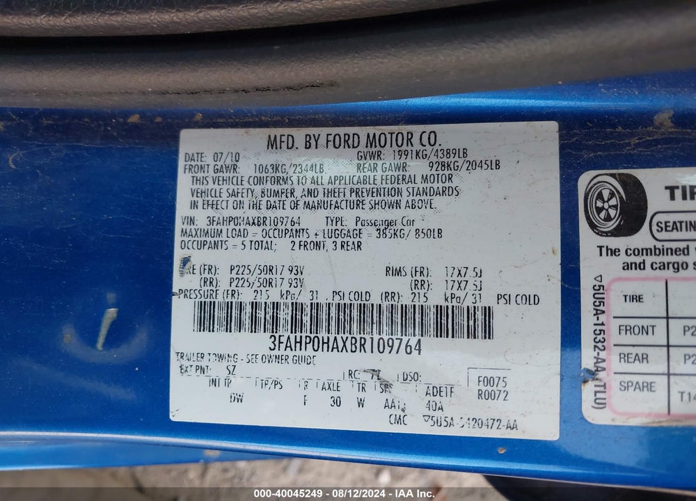 2011 FORD FUSION SE VIN: 3FAHP0HAXBR109764