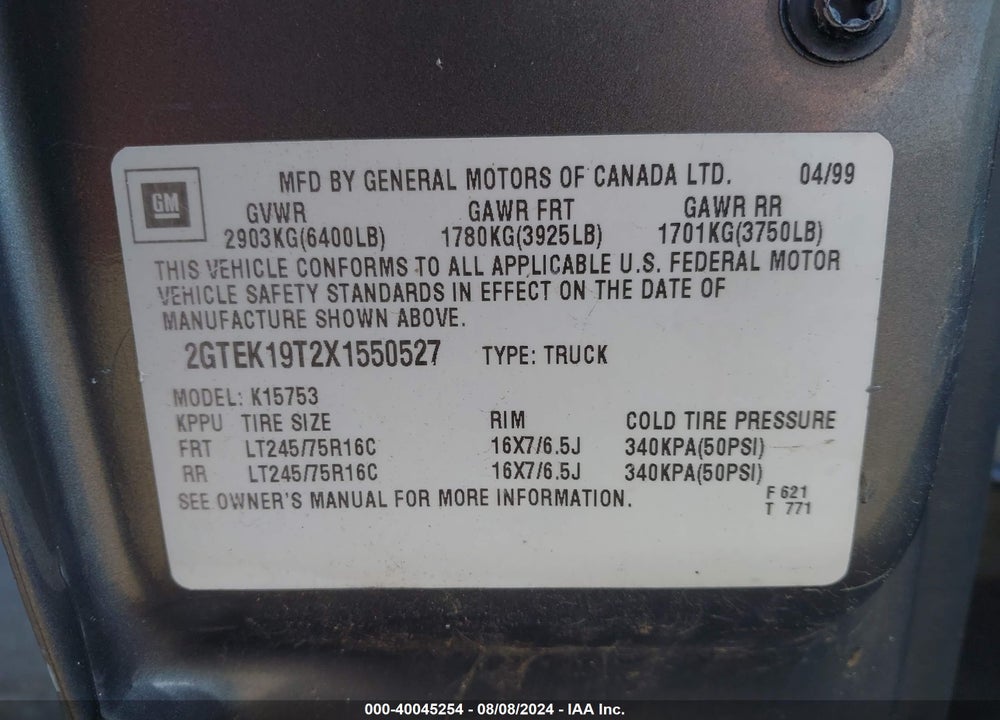 1999 GMC SIERRA 1500 SLE VIN: 2GTEK19T2X1550527