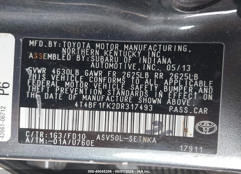 2013 TOYOTA CAMRY LE VIN: 4T4BF1FK2DR317493