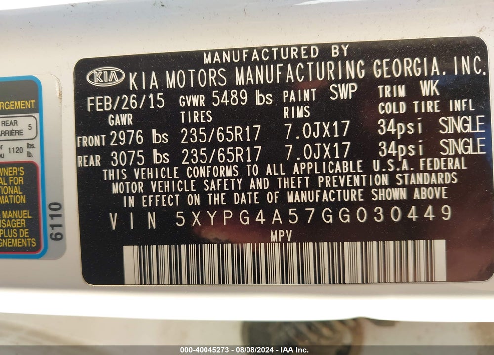 2016 KIA SORENTO 3.3L LX VIN: 5XYPG4A57GG030449