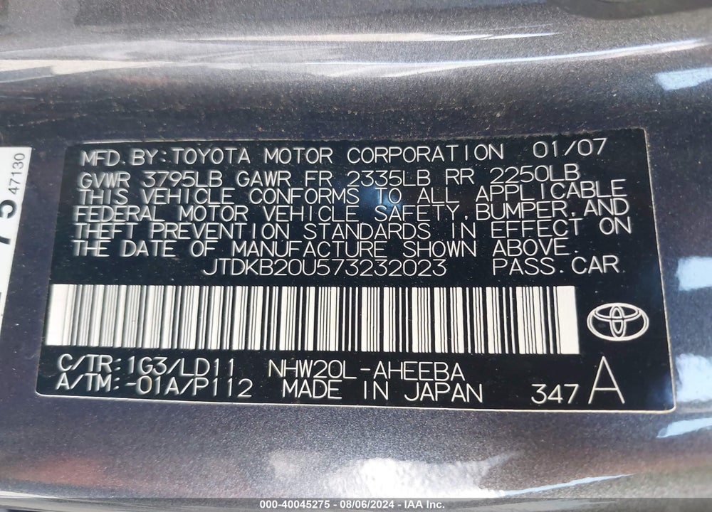 2007 TOYOTA PRIUS VIN: JTDKB20U573232023