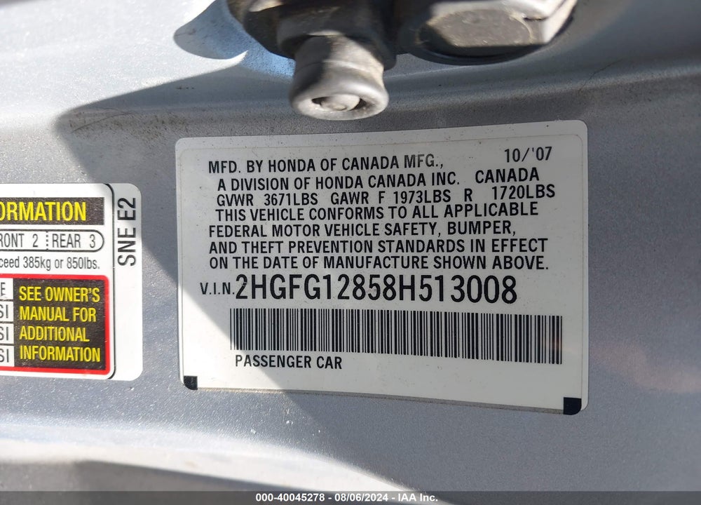 2008 HONDA CIVIC EX VIN: 2HGFG12858H513008