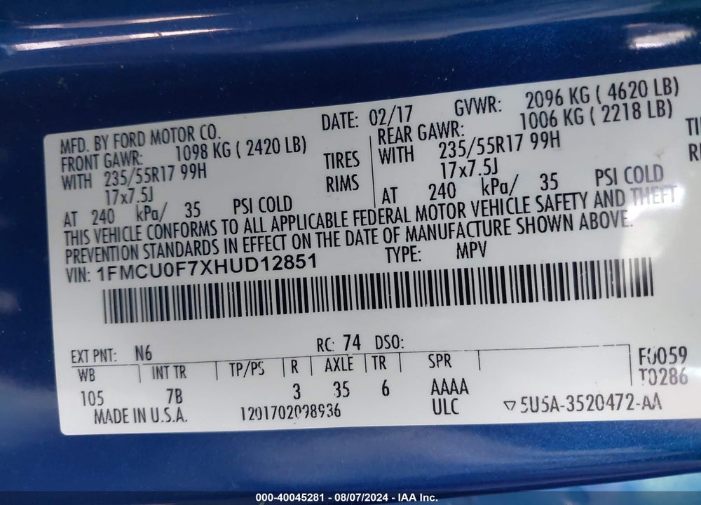 2017 FORD ESCAPE S VIN: 1FMCU0F7XHUD12851