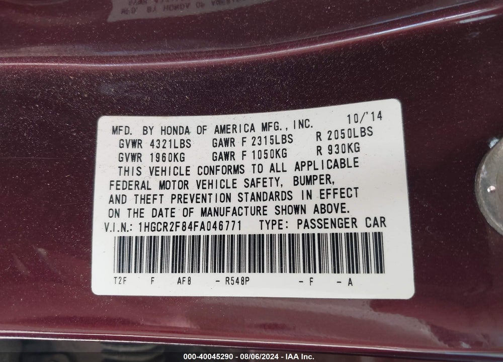 2015 HONDA ACCORD EX-L VIN: 1HGCR2F84FA046771