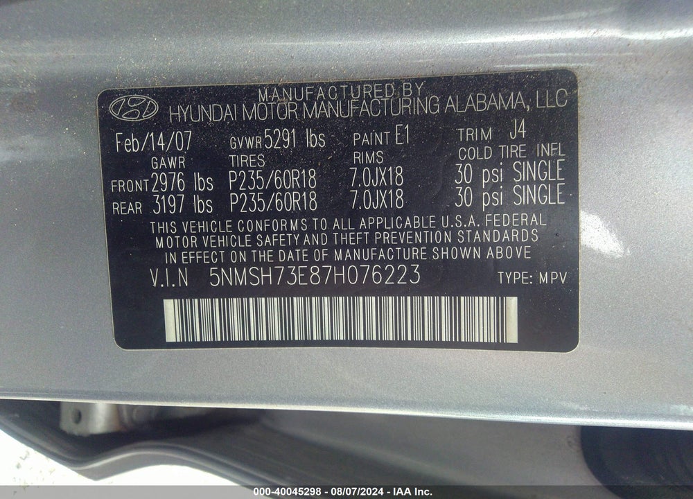 2007 HYUNDAI SANTA FE VIN: 5NMSH73E87H076223