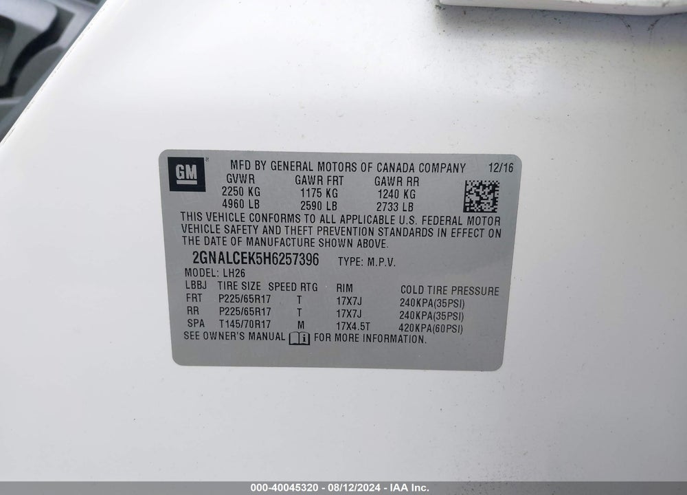 2017 CHEVROLET EQUINOX LT VIN: 2GNALCEK5H6257396