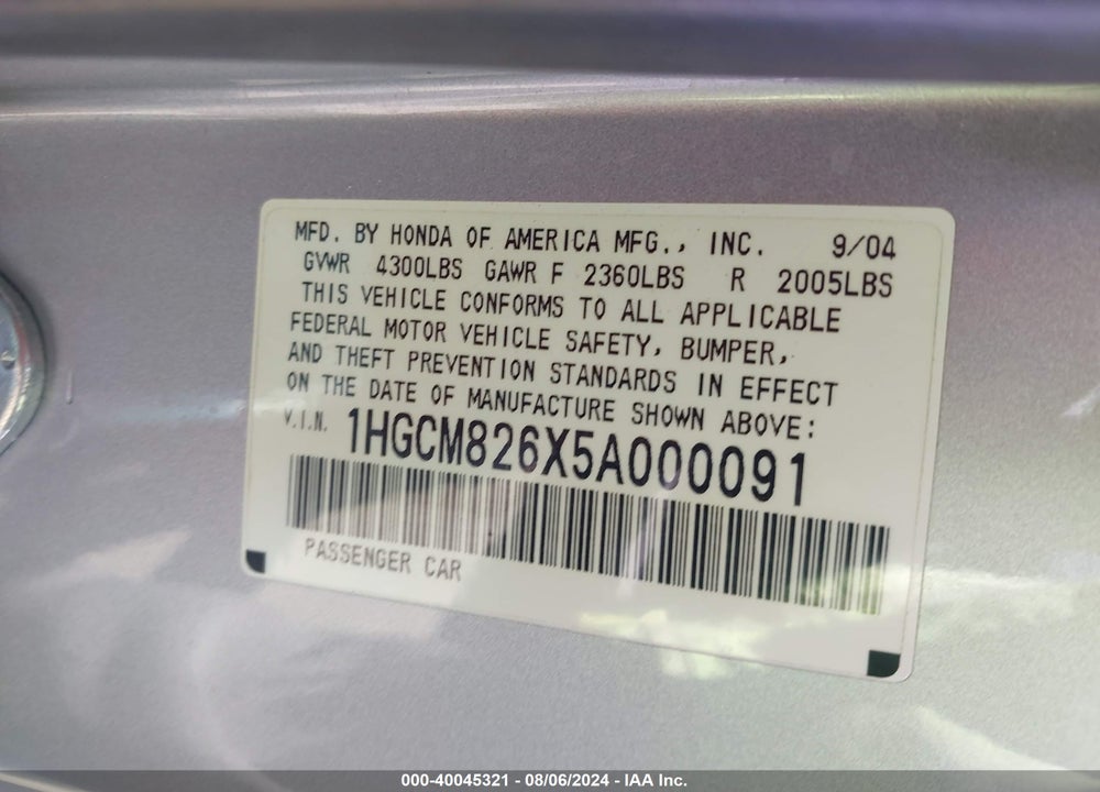 2005 HONDA ACCORD VIN: 1HGCM826X5A000091