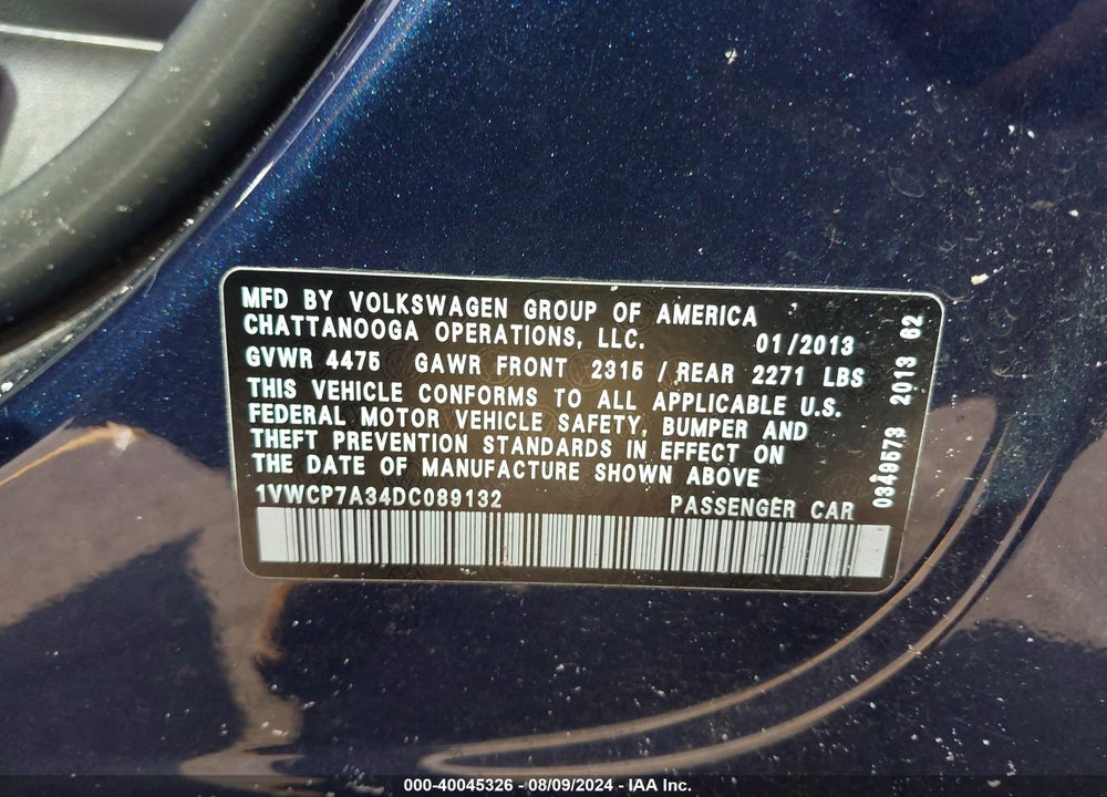 2013 VOLKSWAGEN PASSAT 2.5L SEL VIN: 1VWCP7A34DC089132
