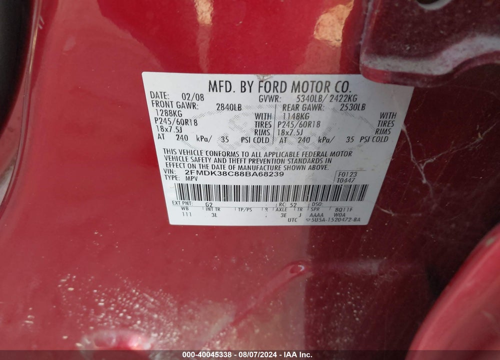 2008 FORD EDGE SEL VIN: 2FMDK38C88BA68239