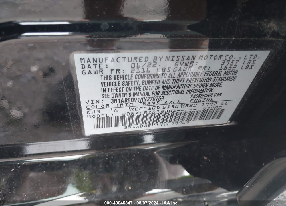 2022 NISSAN SENTRA S XTRONIC CVT VIN: 3N1AB8BV1NY279769