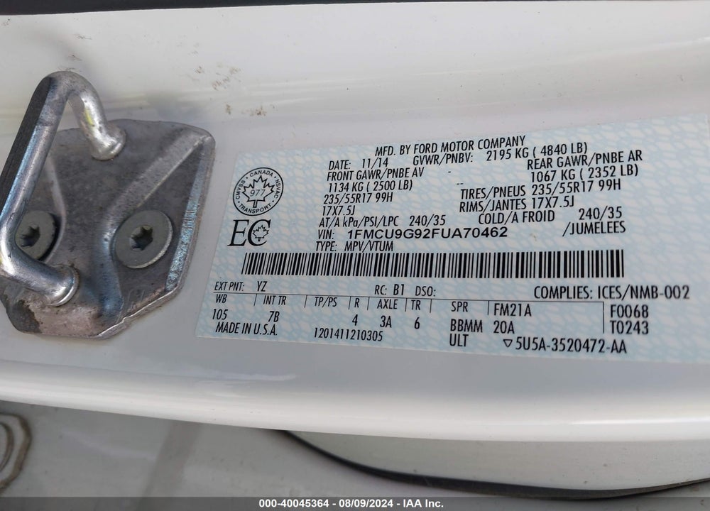 2015 FORD ESCAPE SE VIN: 1FMCU9G92FUA70462