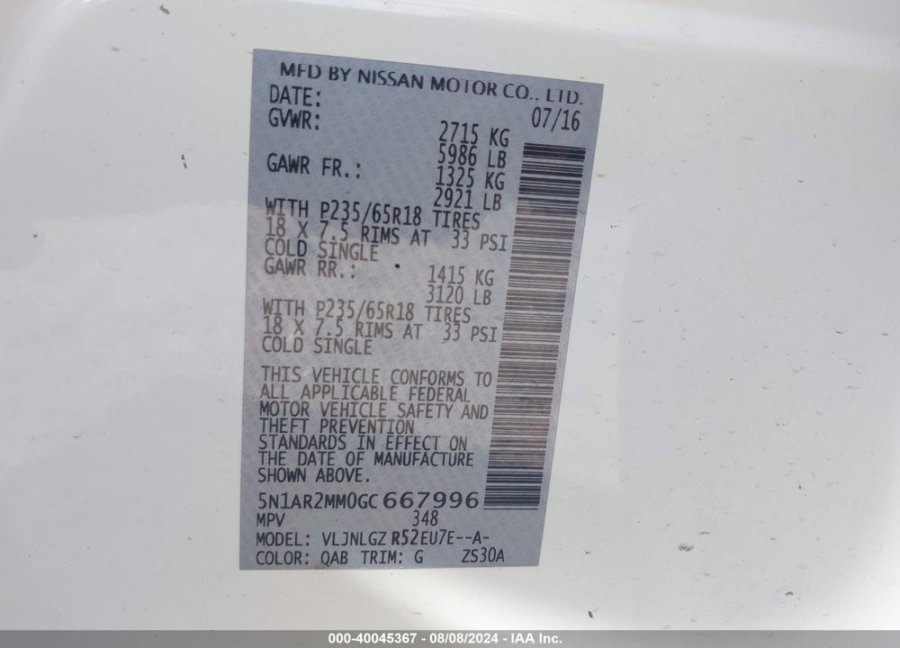 2016 NISSAN PATHFINDER SL VIN: 5N1AR2MM0GC667996