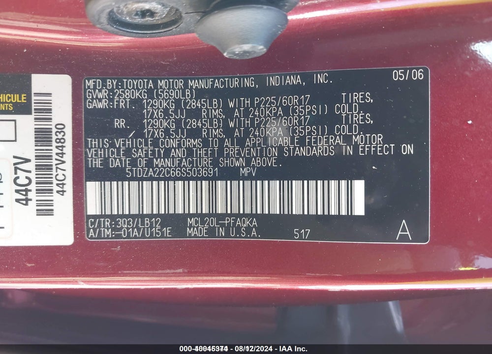 2006 TOYOTA SIENNA XLE LIMITED VIN: 5TDZA22C66S503691