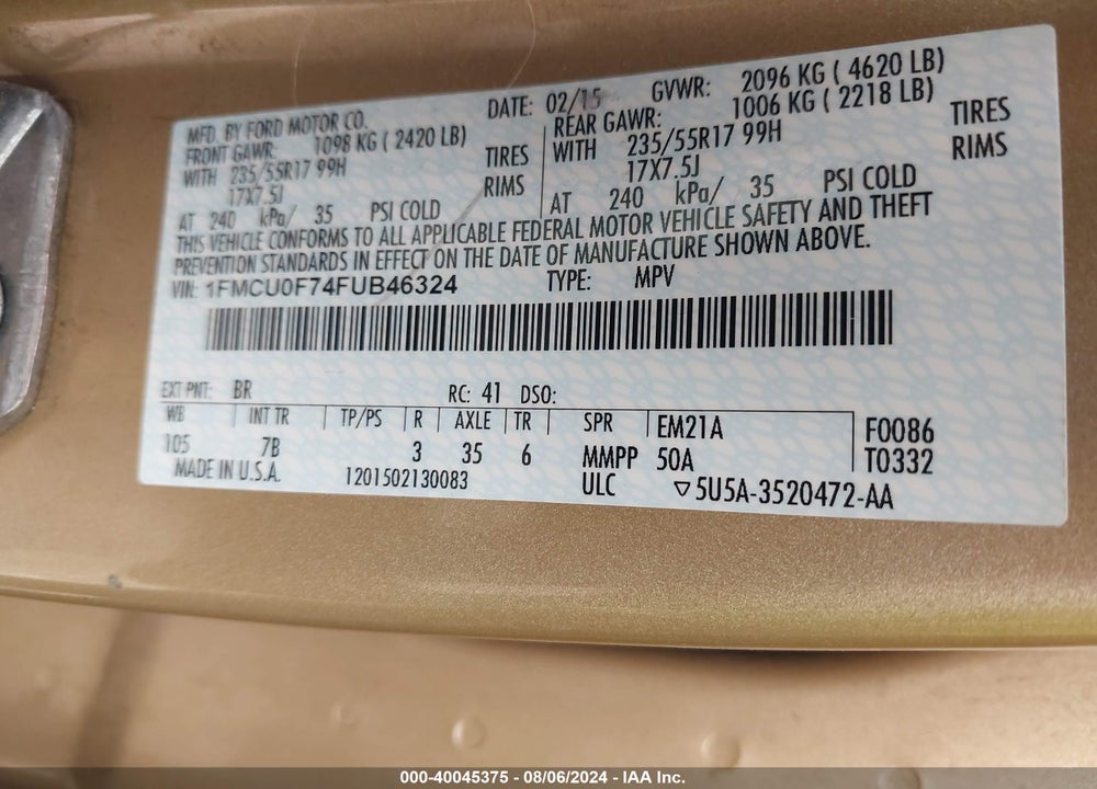 2015 FORD ESCAPE S VIN: 1FMCU0F74FUB46324